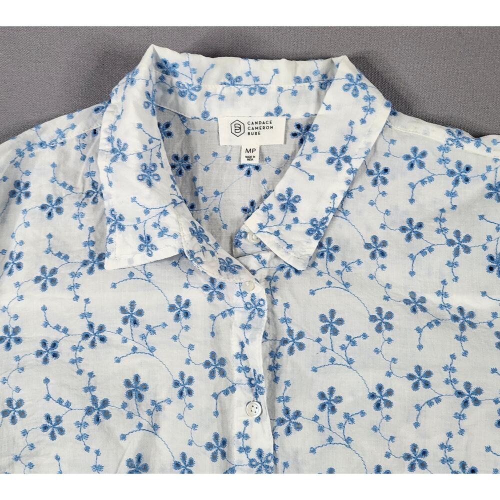Candace Cameron Bure White long sleeve button up blue flower embroidery size MP